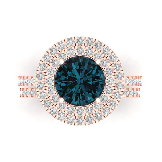 2.73 cttw Round Cut Natural London Blue Topaz Bridal Set - Solid Rose Gold Engagement Ring & Wedding Band