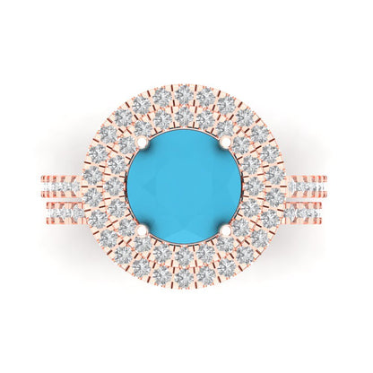 2.73 cttw Round Cut Simulated Turquoise Bridal Set - Solid Rose Gold Engagement Ring & Wedding Band