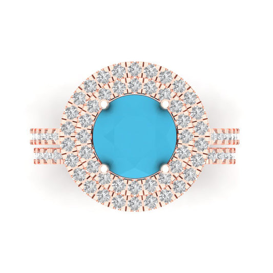 2.73 cttw Round Cut Simulated Turquoise Bridal Set - Solid Rose Gold Engagement Ring & Wedding Band