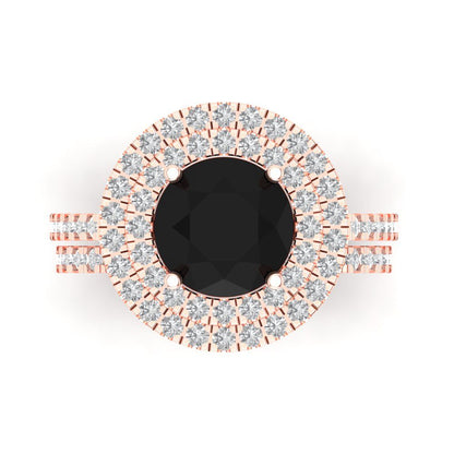 2.73 cttw Round Cut Natural Onyx Bridal Set - Solid Rose Gold Engagement Ring & Wedding Band