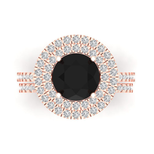 2.73 cttw Round Cut Natural Onyx Bridal Set - Solid Rose Gold Engagement Ring & Wedding Band