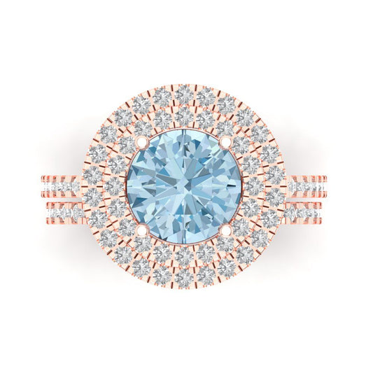 2.73 cttw Round Cut Simulated Blue Diamond Bridal Set - Solid Rose Gold Engagement Ring & Wedding Band