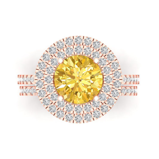 2.73 cttw Round Cut Natural Citrine Bridal Set - Solid Rose Gold Engagement Ring & Wedding Band