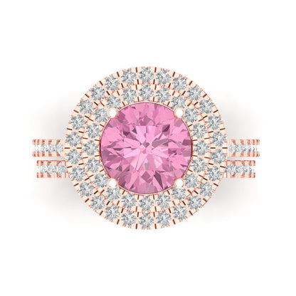 2.73 cttw Round Cut Simulated Pink Diamond Bridal Set - Solid Rose Gold Engagement Ring & Wedding Band