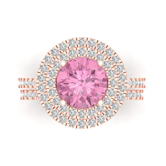 2.73 cttw Round Cut Simulated Pink Diamond Bridal Set - Solid Rose Gold Engagement Ring & Wedding Band
