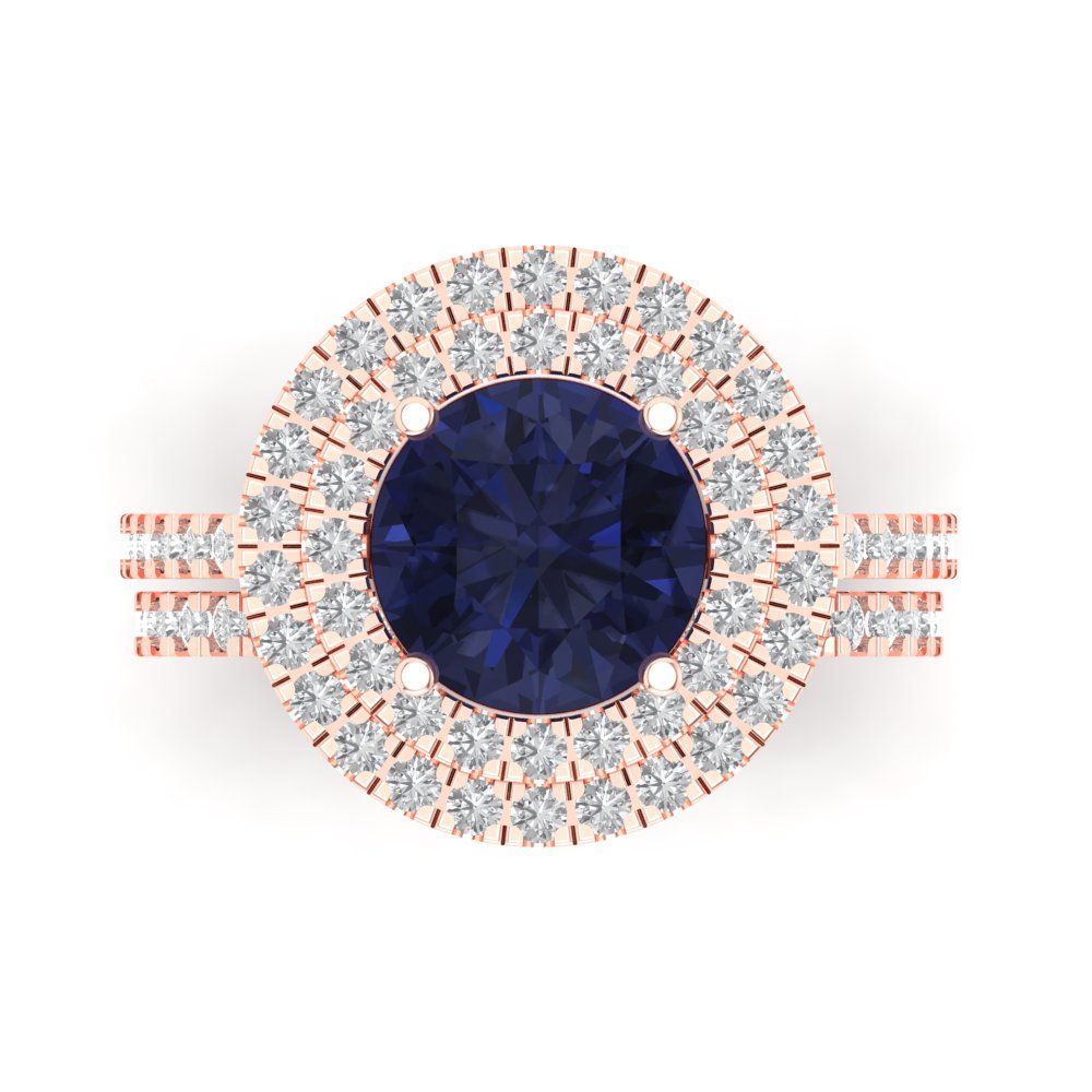 2.73 cttw Round Cut Simulated Blue Sapphire Bridal Set - Solid Rose Gold Engagement Ring & Wedding Band