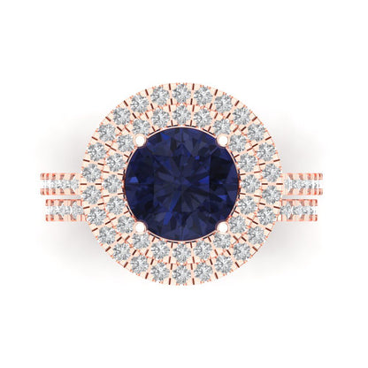 2.73 cttw Round Cut Simulated Blue Sapphire Bridal Set - Solid Rose Gold Engagement Ring & Wedding Band