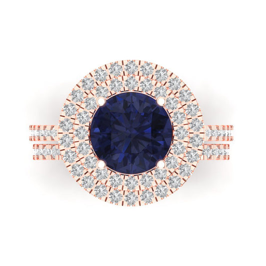 2.73 cttw Round Cut Simulated Blue Sapphire Bridal Set - Solid Rose Gold Engagement Ring & Wedding Band