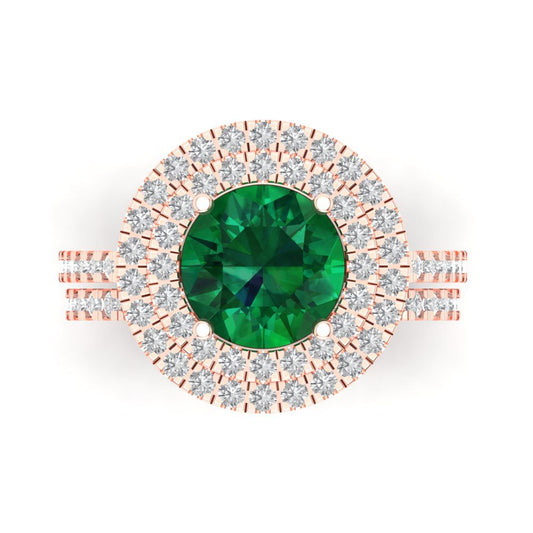 2.73 cttw Round Cut Simulated Emerald Bridal Set - Solid Rose Gold Engagement Ring & Wedding Band