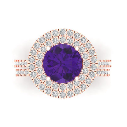 2.73 cttw Round Cut Natural Amethyst Bridal Set - Solid Rose Gold Engagement Ring & Wedding Band