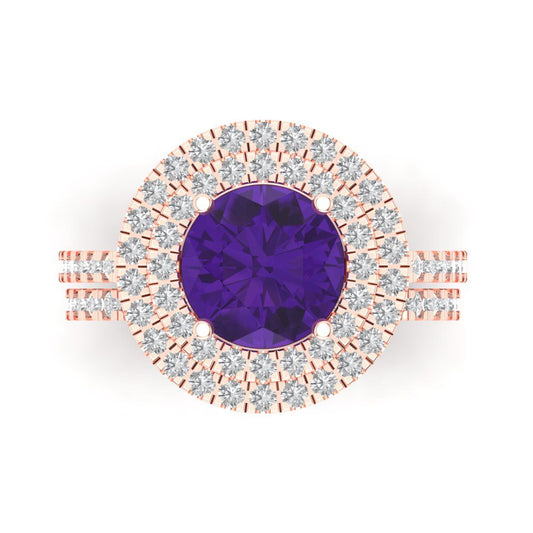 2.73 cttw Round Cut Natural Amethyst Bridal Set - Solid Rose Gold Engagement Ring & Wedding Band