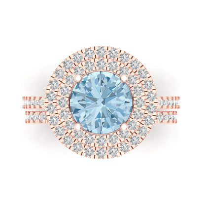 2.73 cttw Round Cut Natural Swiss Blue Topaz Bridal Set - Solid Rose Gold Engagement Ring & Wedding Band
