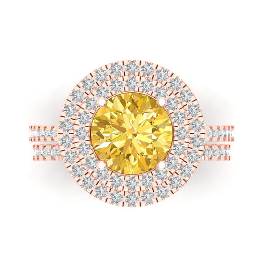 2.73 cttw Round Cut Simulated Yellow Diamond Bridal Set - Solid Rose Gold Engagement Ring & Wedding Band