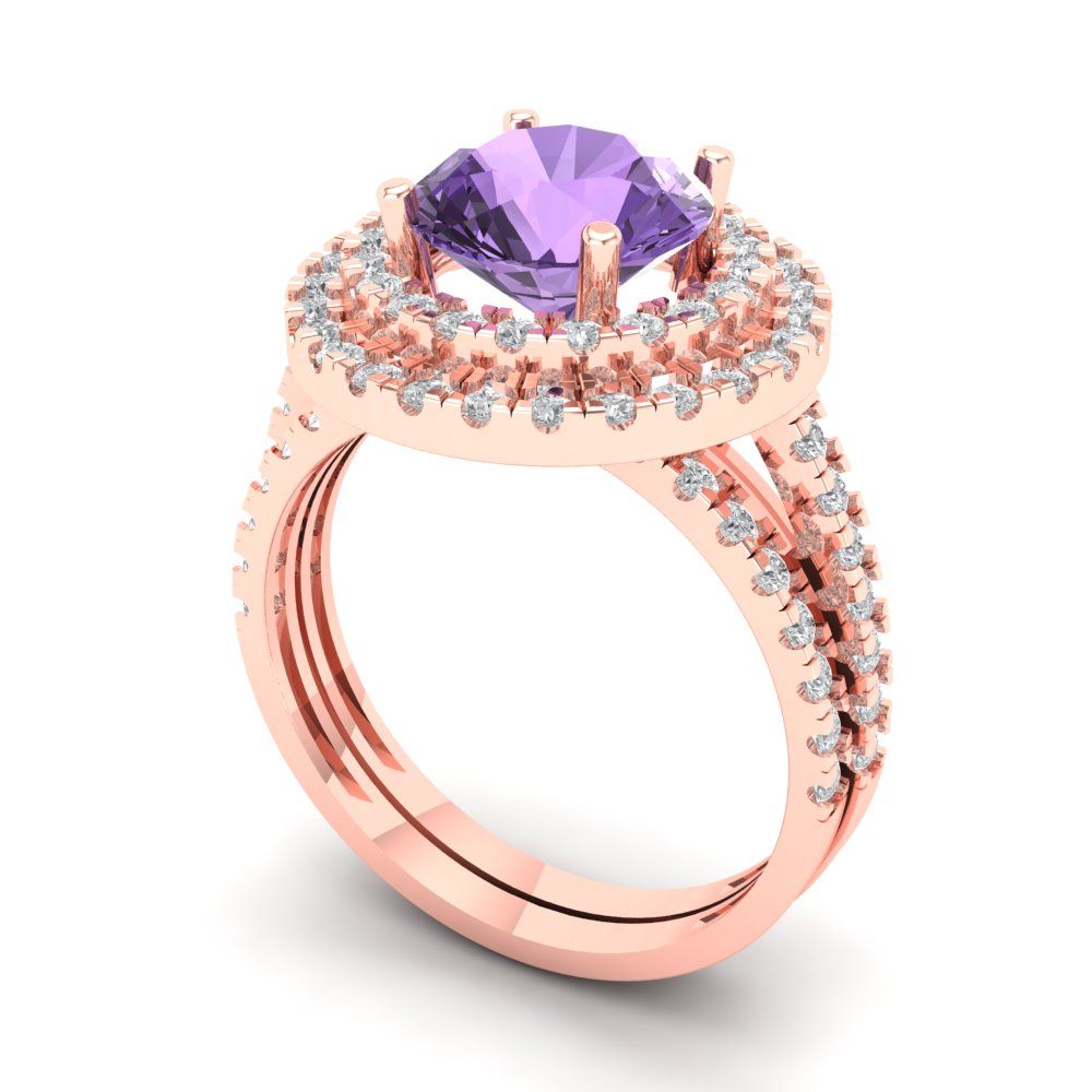 2.73 cttw Round Cut Simulated Alexandrite Bridal Set - Solid Rose Gold Engagement Ring & Wedding Band