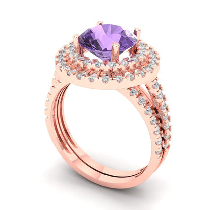 2.73 cttw Round Cut Simulated Alexandrite Bridal Set - Solid Rose Gold Engagement Ring & Wedding Band