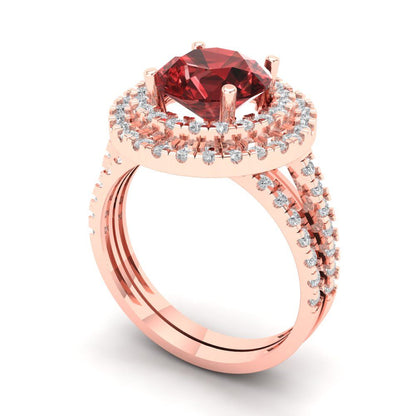 2.73 cttw Round Cut Natural Garnet Bridal Set - Solid Rose Gold Engagement Ring & Wedding Band