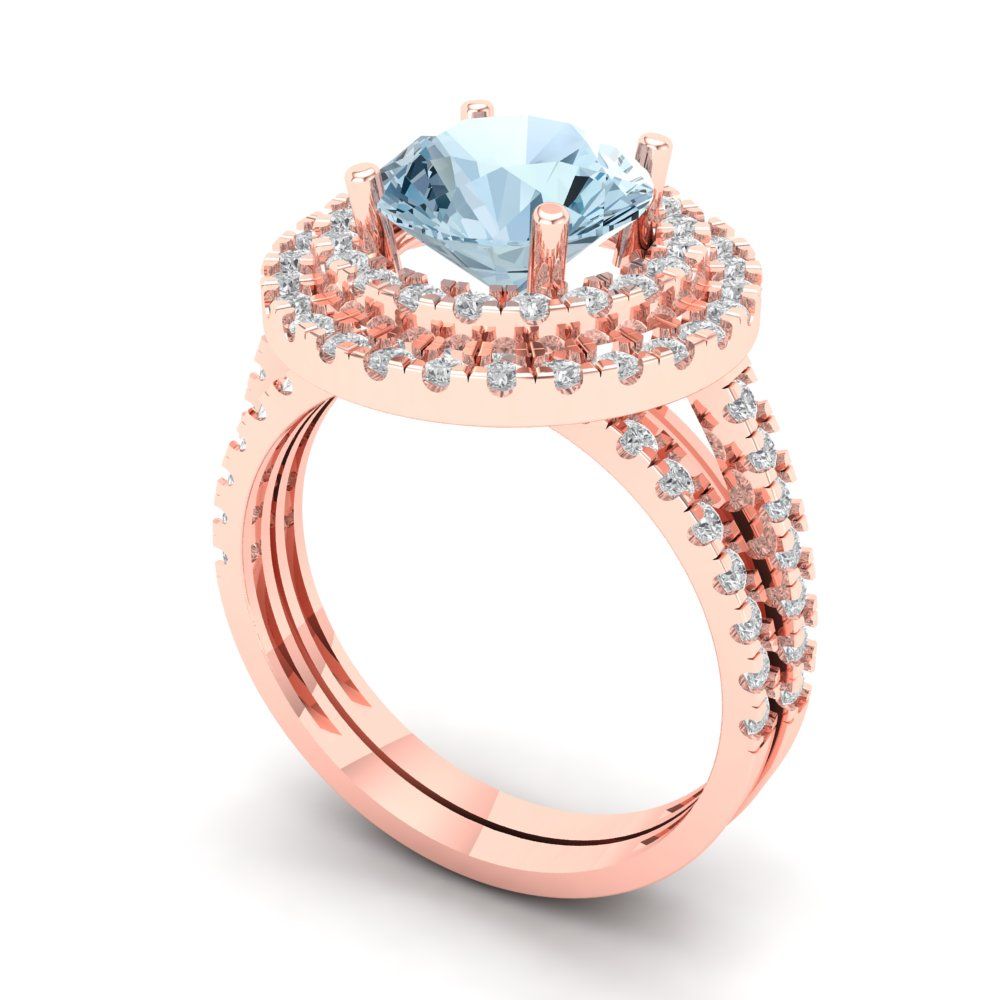 2.73 cttw Round Cut Natural Aquamarine Bridal Set - Solid Rose Gold Engagement Ring & Wedding Band