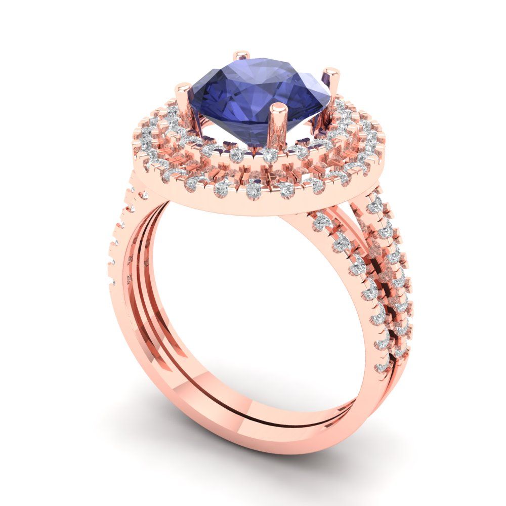 2.73 cttw Round Cut Simulated Tanzanite Bridal Set - Solid Rose Gold Engagement Ring & Wedding Band