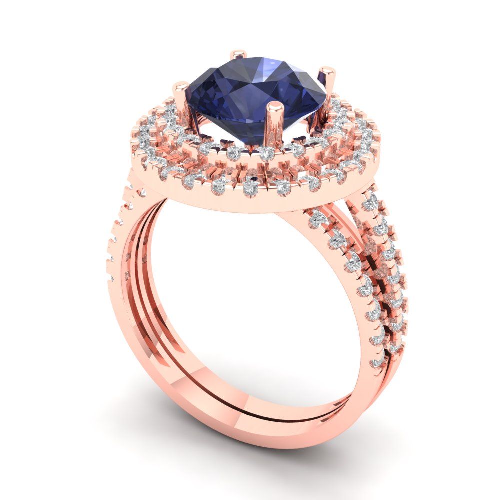 2.73 cttw Round Cut Simulated Blue Sapphire Bridal Set - Solid Rose Gold Engagement Ring & Wedding Band