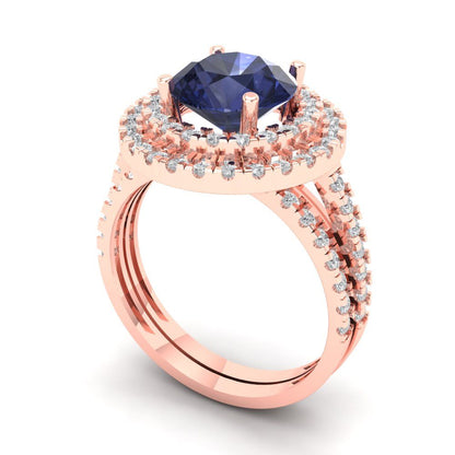 2.73 cttw Round Cut Simulated Blue Sapphire Bridal Set - Solid Rose Gold Engagement Ring & Wedding Band