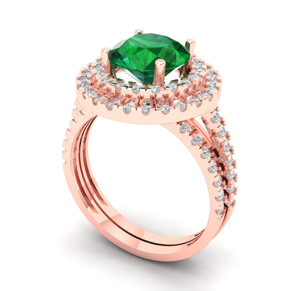 2.73 cttw Round Cut Simulated Emerald Bridal Set - Solid Rose Gold Engagement Ring & Wedding Band