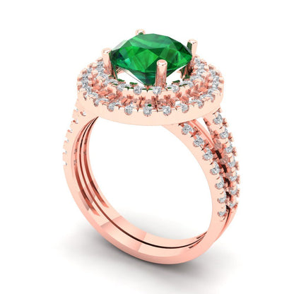 2.73 cttw Round Cut Simulated Emerald Bridal Set - Solid Rose Gold Engagement Ring & Wedding Band