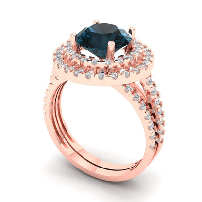 2.73 cttw Round Cut Natural London Blue Topaz Bridal Set - Solid Rose Gold Engagement Ring & Wedding Band