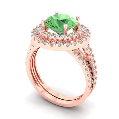 2.73 cttw Round Cut Simulated Green Diamond Bridal Set - Solid Rose Gold Engagement Ring & Wedding Band