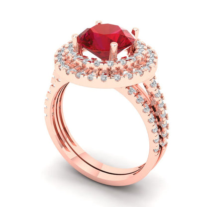 2.73 cttw Round Cut Simulated Pink Tourmaline Bridal Set - Solid Rose Gold Engagement Ring & Wedding Band