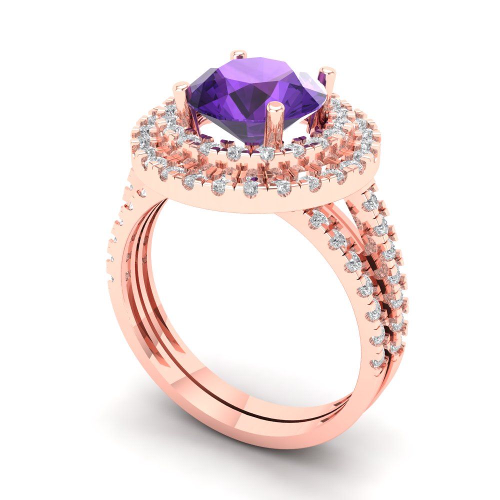 2.73 cttw Round Cut Natural Amethyst Bridal Set - Solid Rose Gold Engagement Ring & Wedding Band