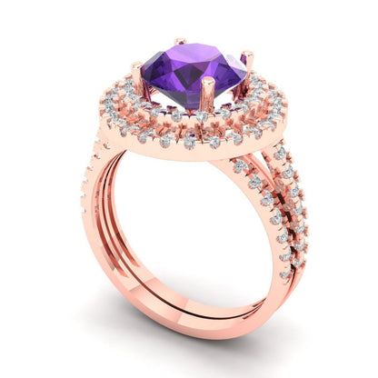 2.73 cttw Round Cut Natural Amethyst Bridal Set - Solid Rose Gold Engagement Ring & Wedding Band