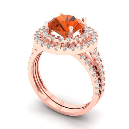 2.73 cttw Round Cut Simulated Red Diamond Bridal Set - Solid Rose Gold Engagement Ring & Wedding Band