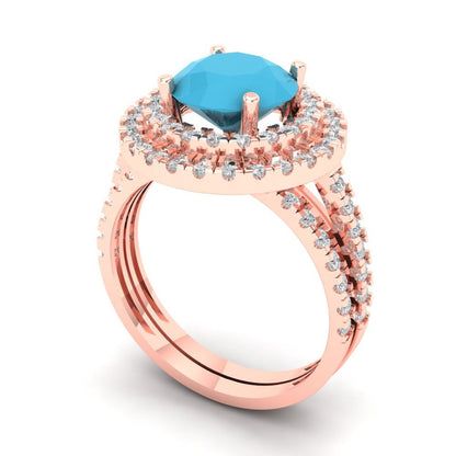 2.73 cttw Round Cut Simulated Turquoise Bridal Set - Solid Rose Gold Engagement Ring & Wedding Band