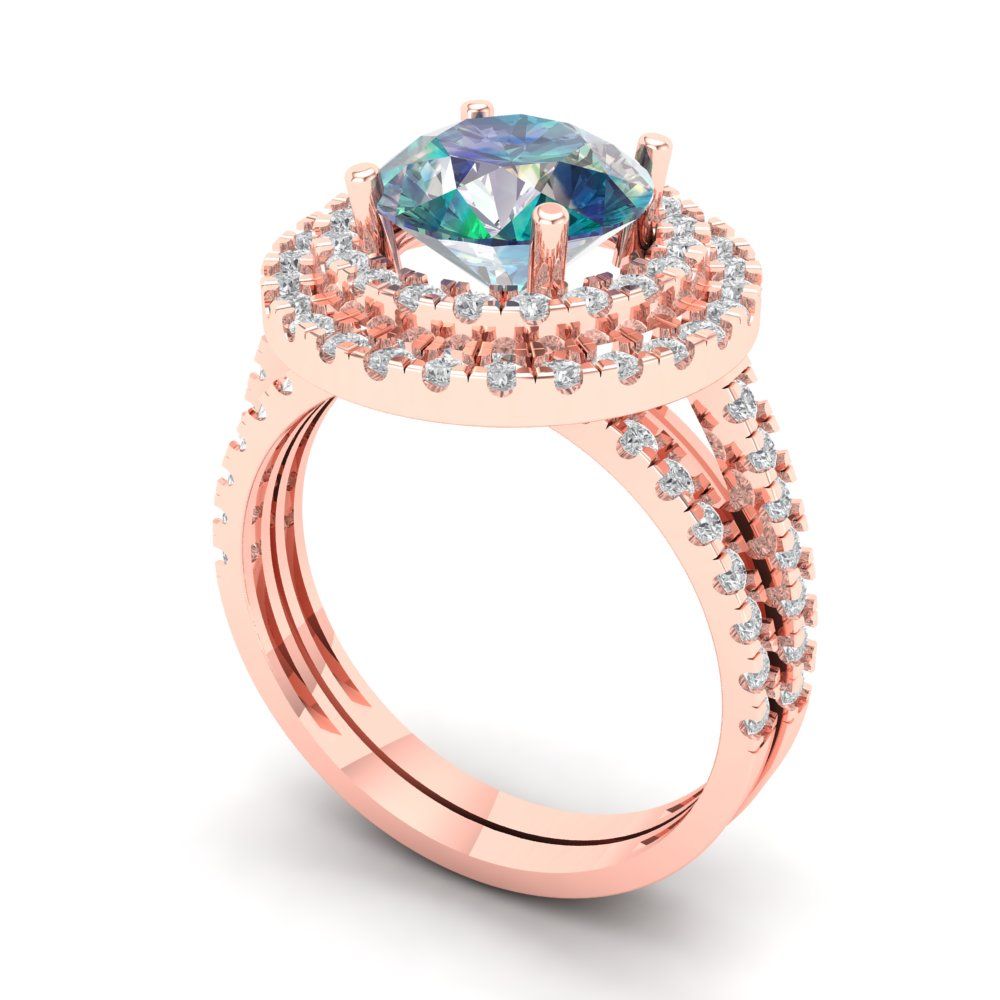 2.73 cttw Round Cut Blue Moissanite Bridal Set - Solid Rose Gold Engagement Ring & Wedding Band