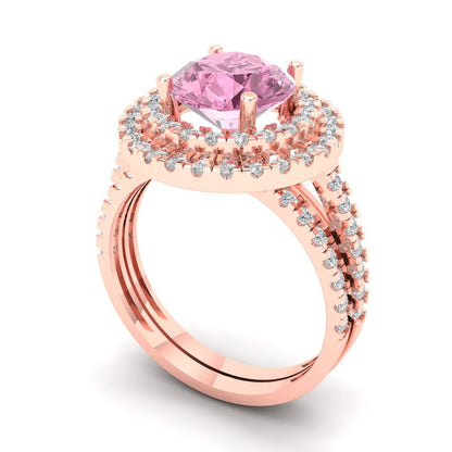 2.73 cttw Round Cut Simulated Pink Diamond Bridal Set - Solid Rose Gold Engagement Ring & Wedding Band
