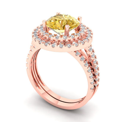 2.73 cttw Round Cut Simulated Yellow Diamond Bridal Set - Solid Rose Gold Engagement Ring & Wedding Band
