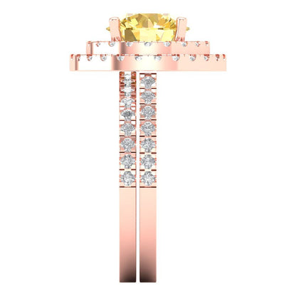 2.73 cttw Round Cut Natural Citrine Bridal Set - Solid Rose Gold Engagement Ring & Wedding Band