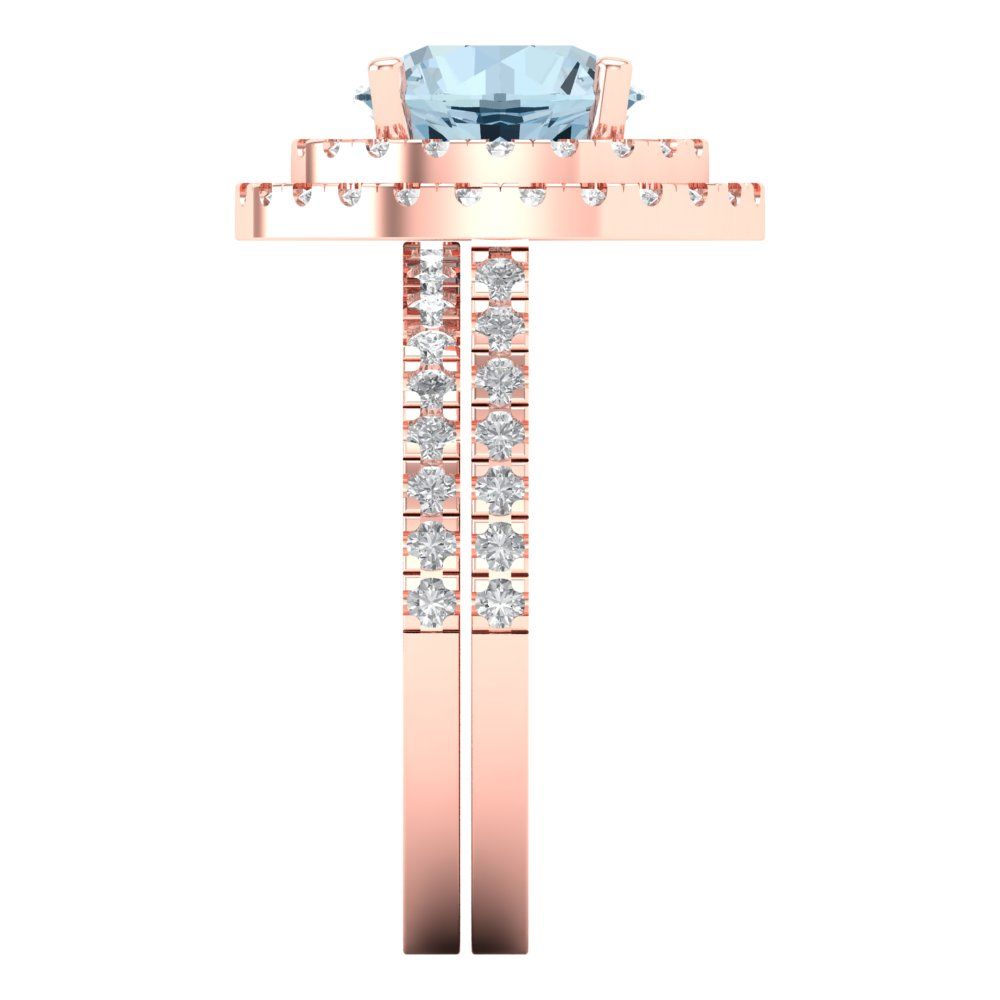 2.73 cttw Round Cut Natural Aquamarine Bridal Set - Solid Rose Gold Engagement Ring & Wedding Band