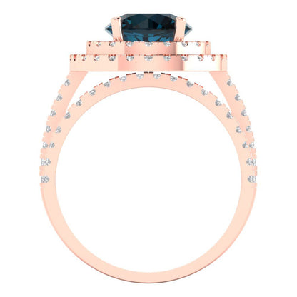 2.73 cttw Round Cut Natural London Blue Topaz Bridal Set - Solid Rose Gold Engagement Ring & Wedding Band