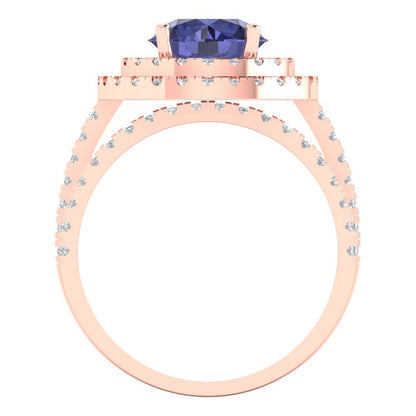 2.73 cttw Round Cut Simulated Tanzanite Bridal Set - Solid Rose Gold Engagement Ring & Wedding Band