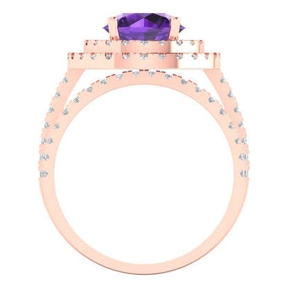 2.73 cttw Round Cut Natural Amethyst Bridal Set - Solid Rose Gold Engagement Ring & Wedding Band