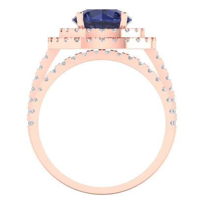 2.73 cttw Round Cut Simulated Blue Sapphire Bridal Set - Solid Rose Gold Engagement Ring & Wedding Band