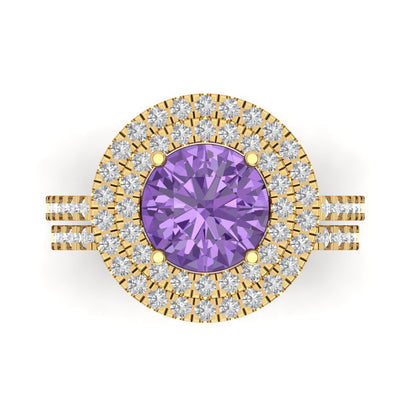 2.73 cttw Round Cut Simulated Alexandrite Bridal Set - Solid Yellow Gold Engagement Ring & Wedding Band