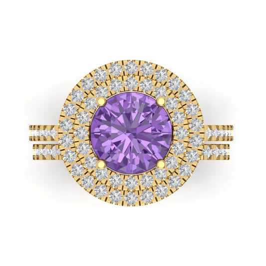 2.73 cttw Round Cut Simulated Alexandrite Bridal Set - Solid Yellow Gold Engagement Ring & Wedding Band