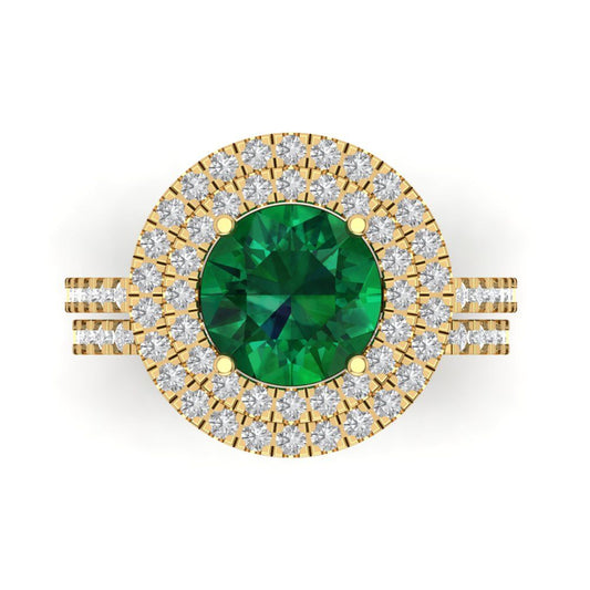 2.73 cttw Round Cut Simulated Emerald Bridal Set - Solid Yellow Gold Engagement Ring & Wedding Band