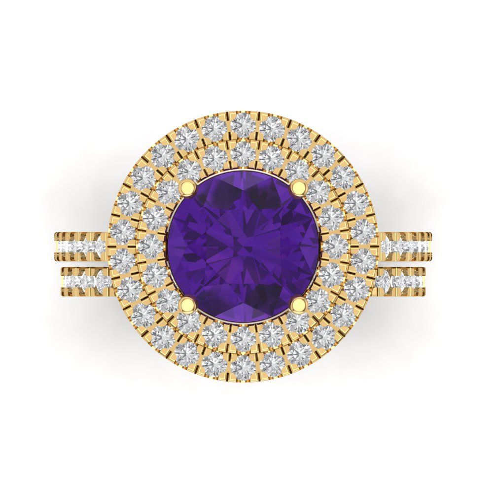 2.73 cttw Round Cut Natural Amethyst Bridal Set - Solid Yellow Gold Engagement Ring & Wedding Band