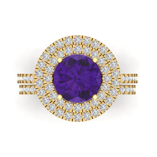 2.73 cttw Round Cut Natural Amethyst Bridal Set - Solid Yellow Gold Engagement Ring & Wedding Band