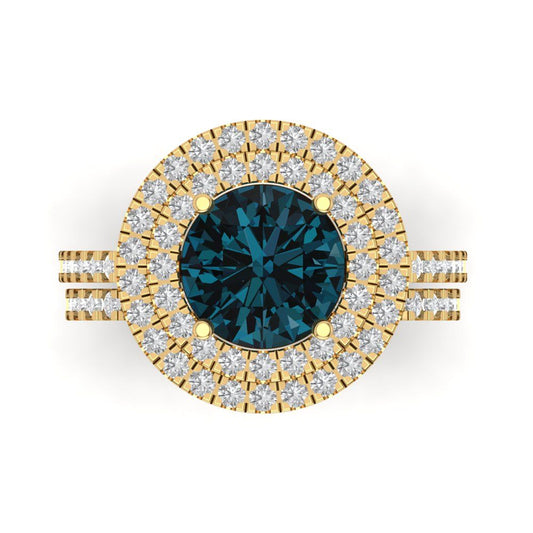 2.73 cttw Round Cut Natural London Blue Topaz Bridal Set - Solid Yellow Gold Engagement Ring & Wedding Band