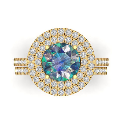 2.73 cttw Round Cut Blue Moissanite Bridal Set - Solid Yellow Gold Engagement Ring & Wedding Band