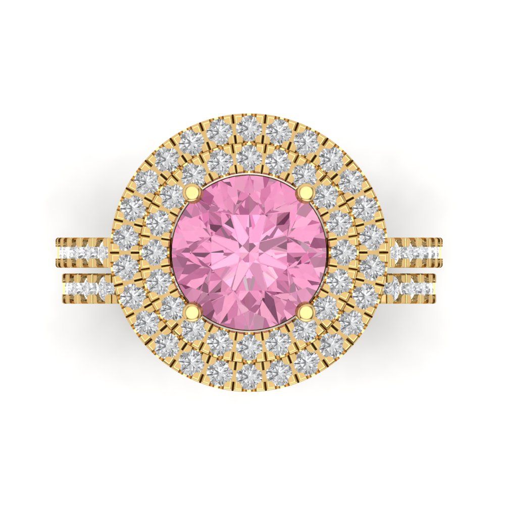 2.73 cttw Round Cut Simulated Pink Diamond Bridal Set - Solid Yellow Gold Engagement Ring & Wedding Band